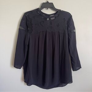 Vanessa Virginia Anthropologie Black Sheer Embroidery 3/4 Sleeve Blouse Size 14